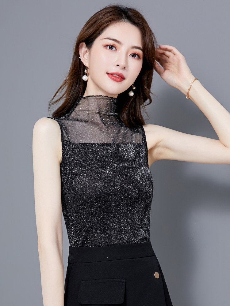 여성을위한 민소매 티셔츠 얇은 레이스 하이 넥 메쉬 바닥 셔츠 2022 봄 가을 새로운 밝은 실크 꽉 내부 탑