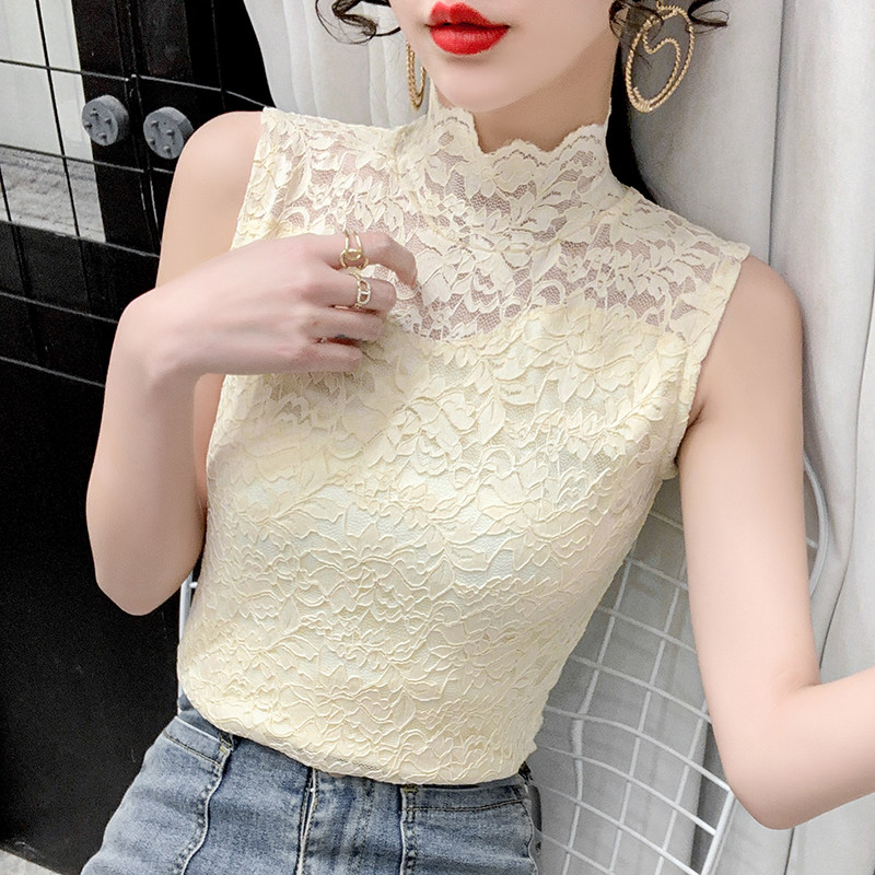 스탠드 칼라 민소매 조끼 레이스 가을 하이 넥 메쉬 바닥 셔츠 미드 칼라 플러스 벨벳 두꺼워 따뜻한 하프 하이 칼라 이너웨어