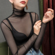 黑色高领网纱打底衫 秋2022春季 女 内搭透视堆堆领紧身长袖 蕾丝修身