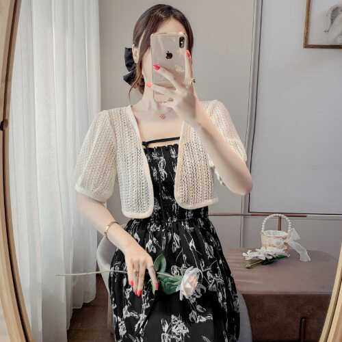 镂空针织防晒罩衫女开衫薄款外搭夏配吊带裙小披肩短袖空调衫上衣