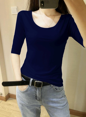 2020新大圆领百搭中袖T恤白色七分袖上衣女体恤修身莫代尔打底衫