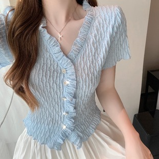 法式V领木耳边别致短款雪纺上衣短袖衬衫女夏设计感小众纯欲甜辣