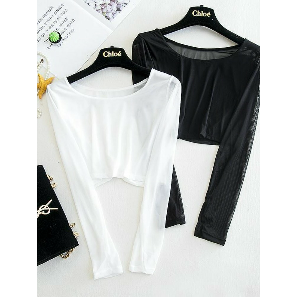 透明透视网纱防晒上衣夏时髦冰丝长袖t恤女短款吊带裙内搭打底衫