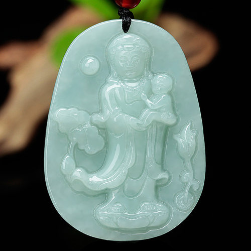 正品翡翠求子送子观音吊坠送证