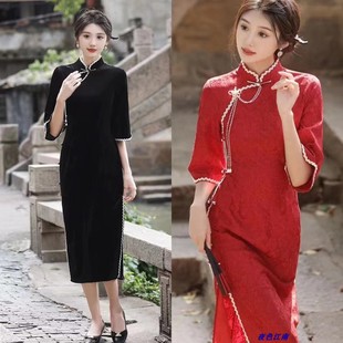 雪尼尔年轻款 中袖 高端礼仪喜庆 敬酒服新娘冬季 红色旗袍2025年新款