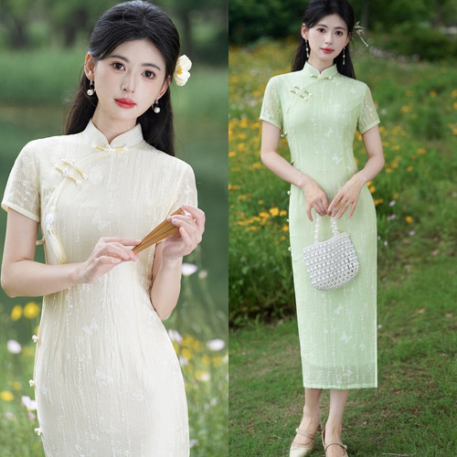 国风中长款改良旗袍2025新夏季年轻款女中式复古修身走秀平时可穿