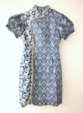 露露家蓝色提花连衣裙M码复古国风改良旗袍款钉珠泡泡袖包邮青花