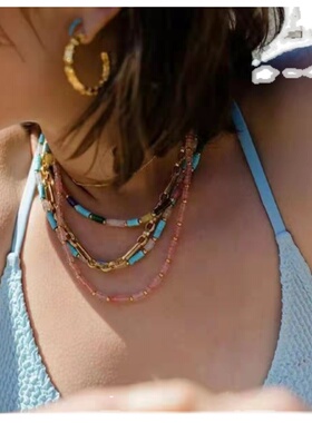 江疏影同款彩色天然宝石项链女颈链叠戴撞色小众设计欧美ins情侣