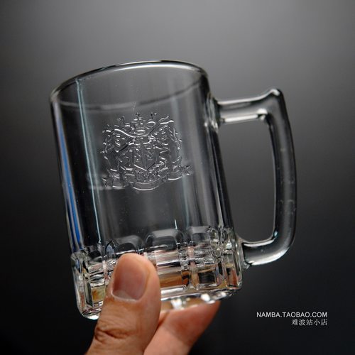 日本SUNTORY三得利SKAL BEER纯生啤酒水晶玻璃杯威士忌杯带把手