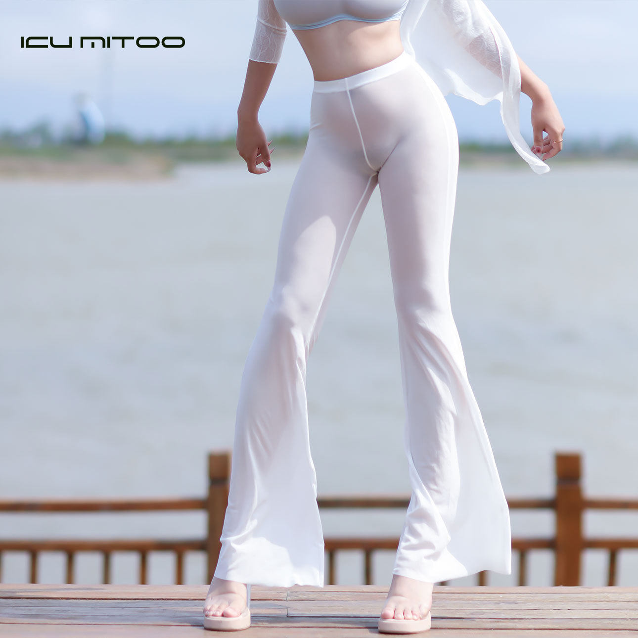 欧美风性感鲍显瑜伽裤特透heels喇叭裤透明超薄高腰网纱长裤子女