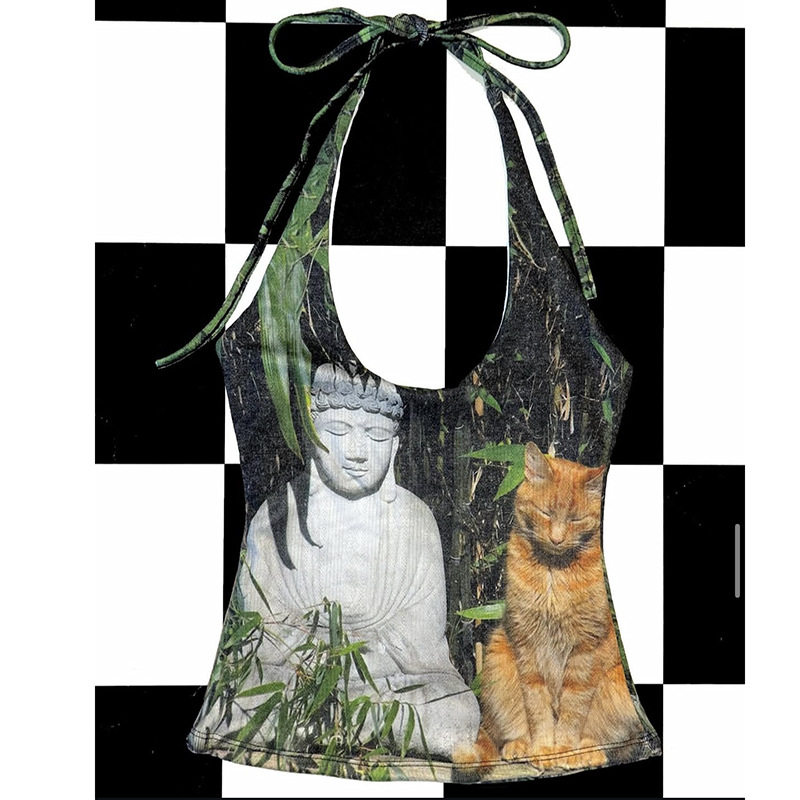 夏欧美女高夏季原宿千禧辣妹亚文化橘猫树叶印花挂脖系带背心