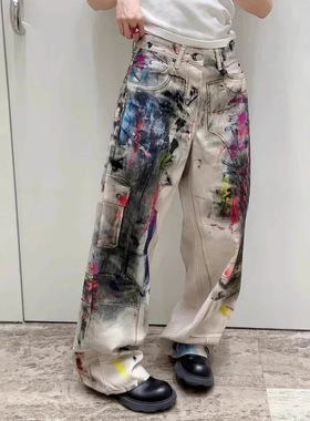 孙怡同款正确版AC家2025新款泼墨做旧牛仔裤宽松版型长裤