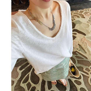 T恤女打底衫 百搭100%竹节棉卷边宽松自然宽肩v领磨毛长袖 Kira新款