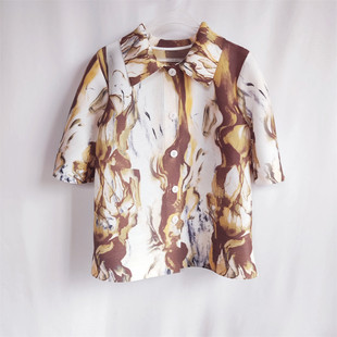 水墨印象~褶皱新款翻领知性印染大码休闲时尚显瘦衬衣薄开衫