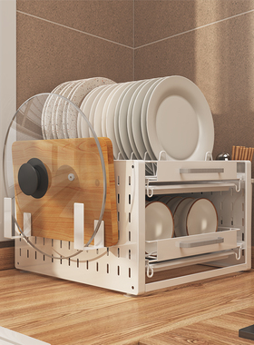 可抽拉厨房碗碟架双层加大加长橱柜水槽置物架碳钢滑轨碗盘储物架