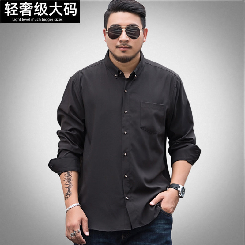 加肥加大码男装长袖衬衫黑色胖人衣服长袖宽松衬衣胖子肥佬秋上衣