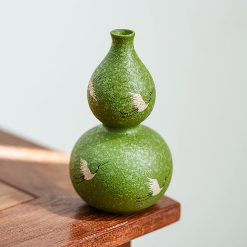 小青柑鹤舞长空陶瓷葫芦花瓶茶宠精品可养摆件茶台茶玩茶器装饰品
