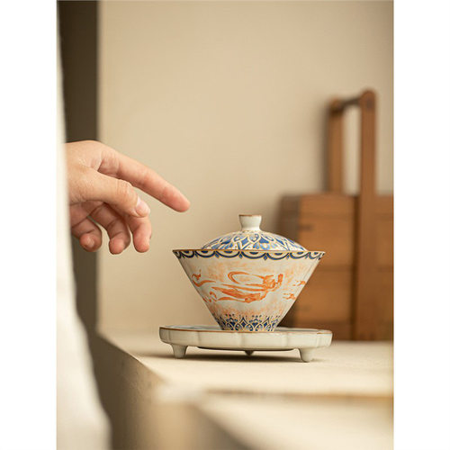 仿宋汝窑敦煌飞天斗笠三才盖碗防烫家用功夫茶具大容量陶瓷泡茶碗