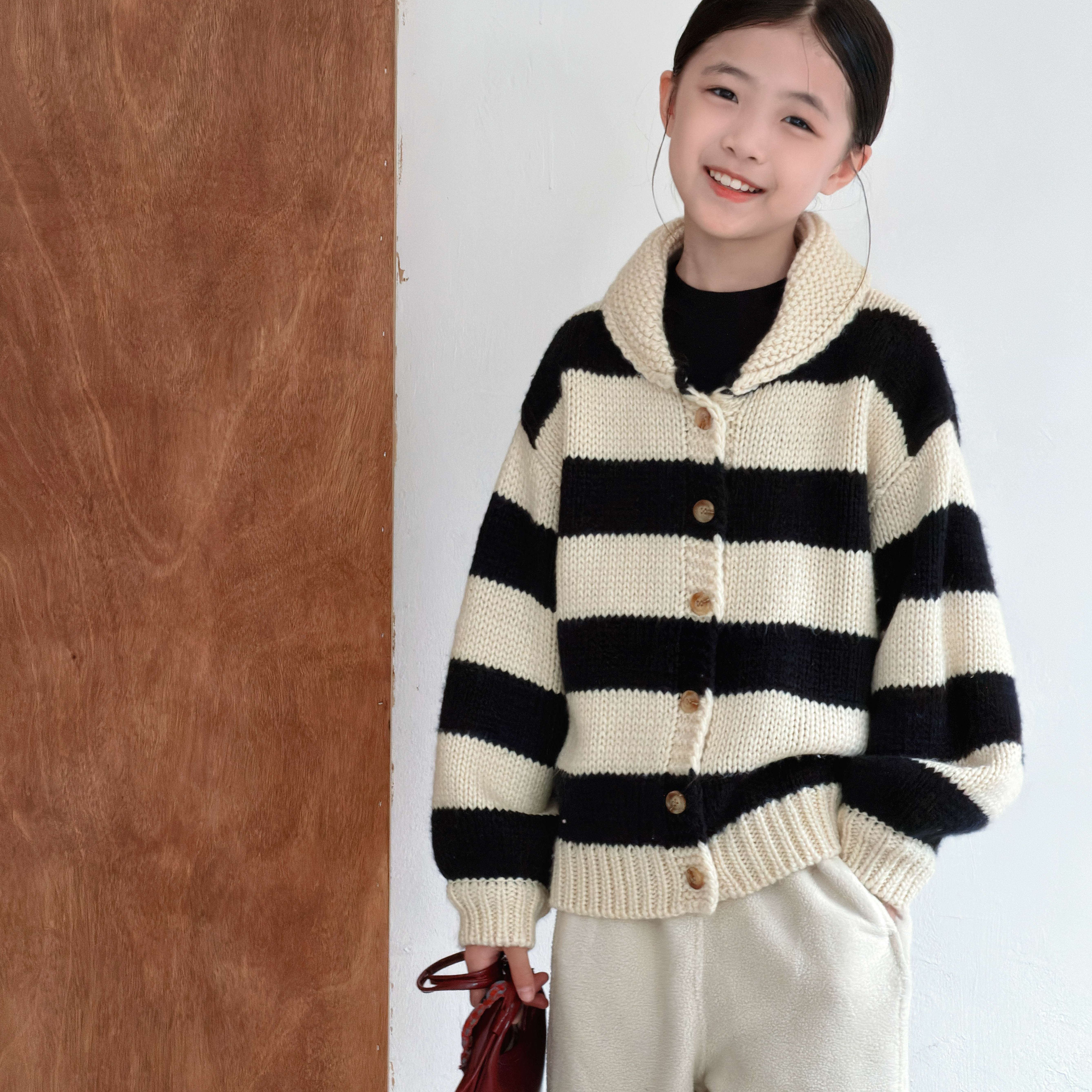 【现货在仓】『奥利奥』重工3针粗棒针冰岛毛领宽条纹毛衣外套