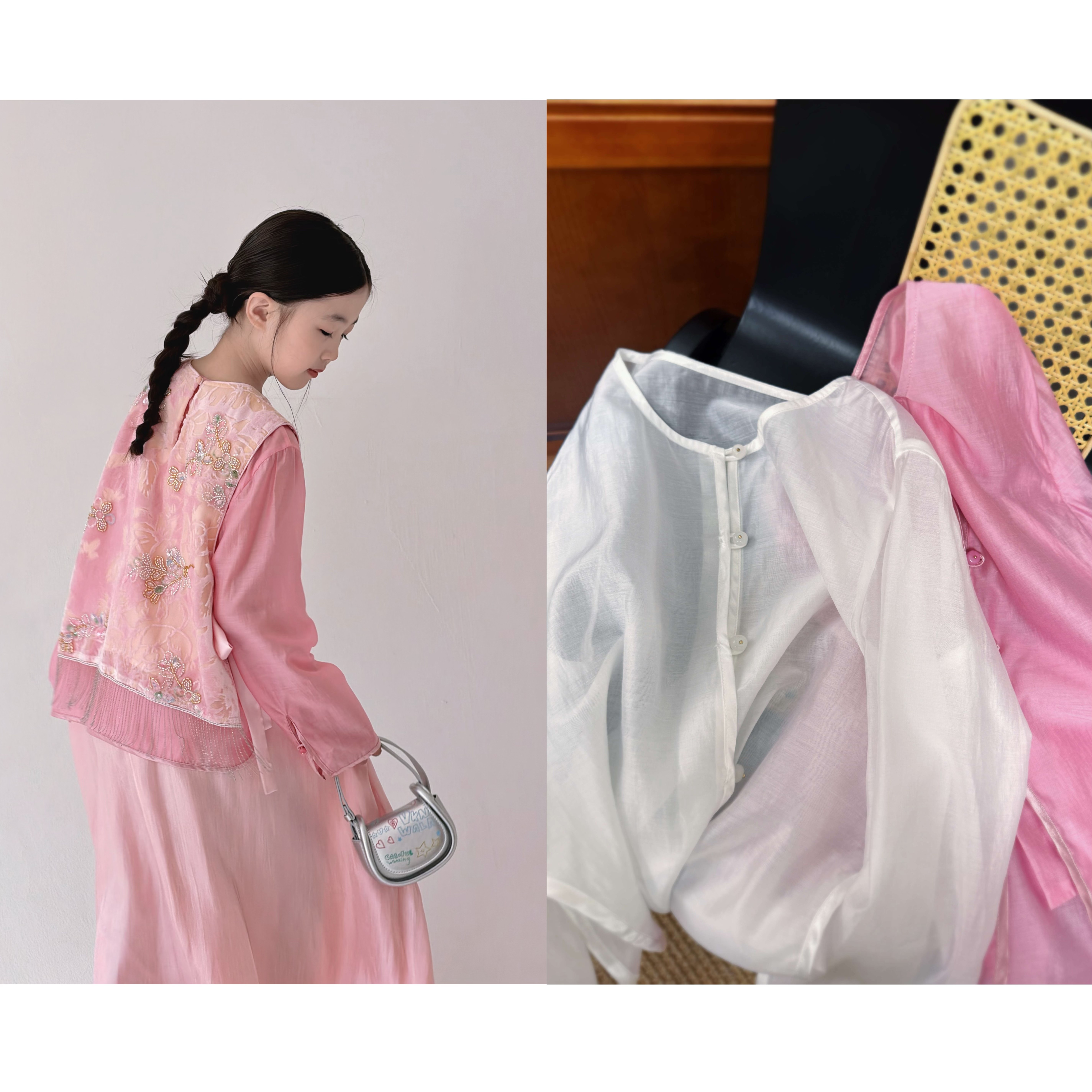 『莲礼枝』新中式织金丝绒烧花重工珠管刺绣绑带马甲/天丝衬衣