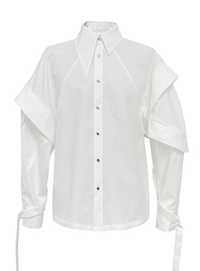 白色衬衫不对称翻领绑带拼接上衣Esa Liang梁冰琴