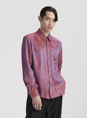 紫色翻领拼接织带长袖衬衫七彩流光衬衫Esa Liang梁冰琴原创设计