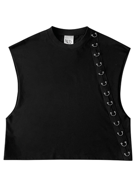黑色圆领无袖T恤侧边镂空设计感上衣 Esa Liang梁冰琴