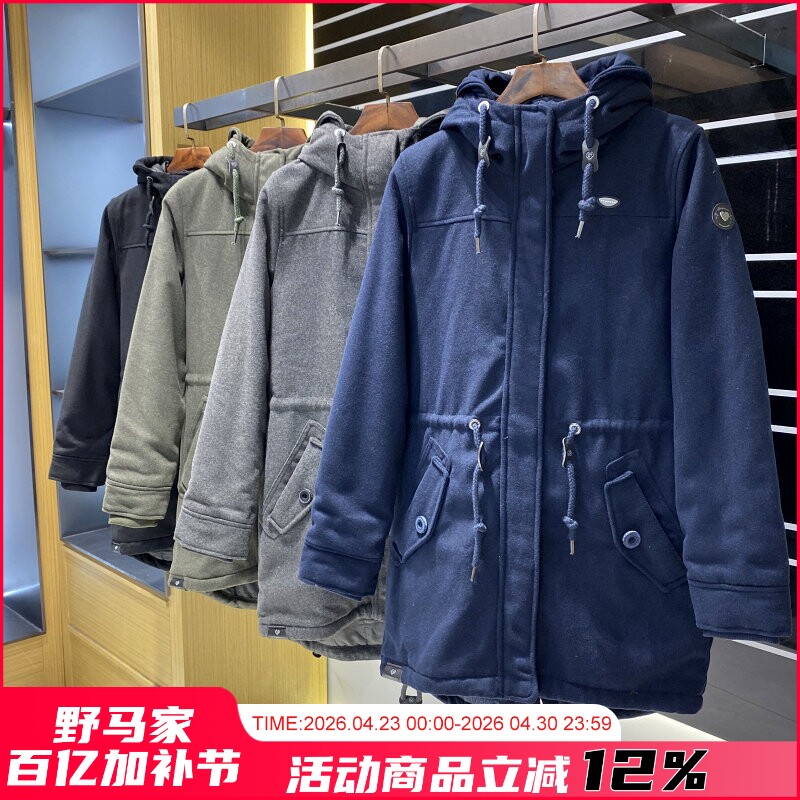 欧单 复古防毛呢加厚保暖连帽抽绳收腰显瘦中长款棉衣棉服外套女