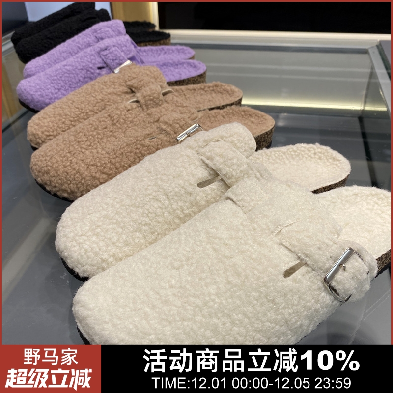 情侣复古勃肯半托外穿毛毛拖鞋
