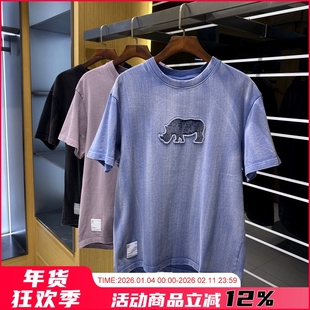 美式复古阿美咔叽全棉重磅600g做旧水洗犀牛贴布宽松圆领短袖T恤