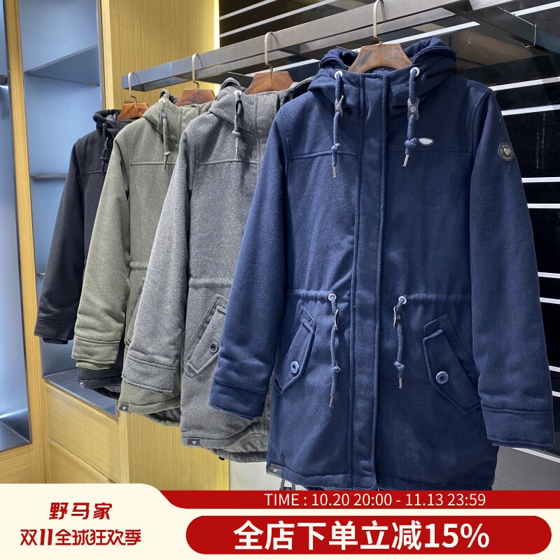 欧单 复古防毛呢加厚保暖连帽抽绳收腰显瘦中长款棉衣棉服外套女