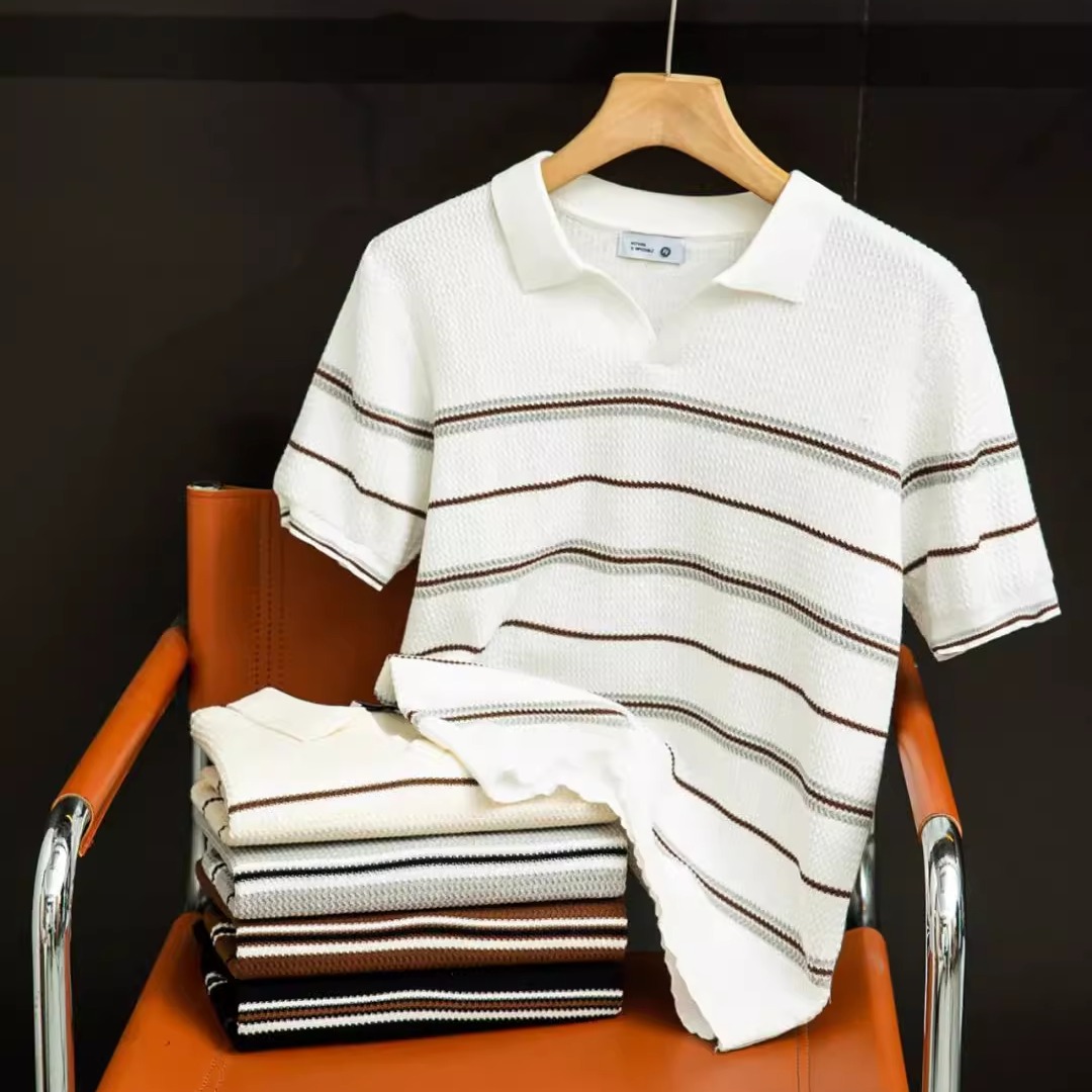 翻领小V领设计！男士夏季商务休闲宽条纹冰丝针织透气复古短袖T恤