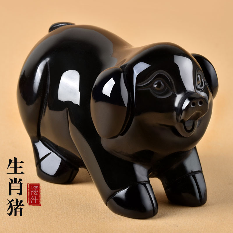 天然黑曜石胖猪摆件发财猪把玩店铺黑水晶猪家居客厅开业礼品