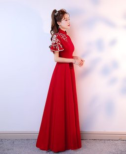 新中式旗袍合唱团演出服女长裙红色立领主持人指挥礼服迎宾中国风