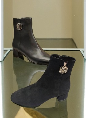 专柜正品 Roberta诺贝达女鞋 22新款冬靴RA228217 水钻饰扣短靴
