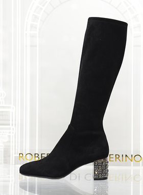 专柜正品Roberta诺贝达女鞋RA228218钻跟方头粗跟气质百搭瘦瘦靴