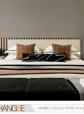 尚塞布艺现代奢华橙色咖色床品软装长条枕刺绣展厅酒店样板间床上