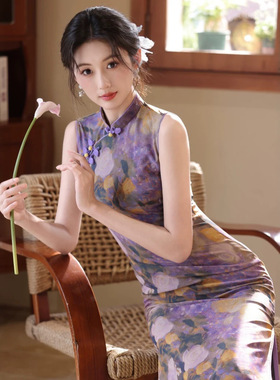 紫色复古油画风旗袍2026新款改良少女新中式日常可穿连衣裙小个子