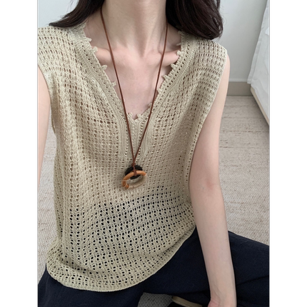 镂空天丝亚麻v领背心女夏薄款外穿宽松显瘦高级感针织衫无袖上衣