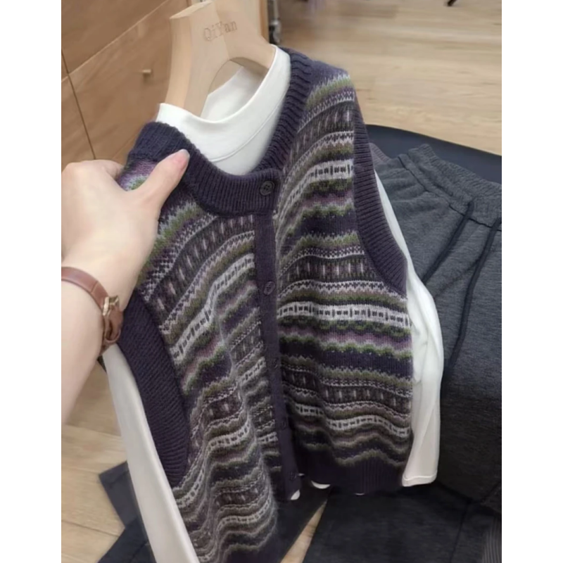 七言家花紫提花毛衣马甲背心女秋