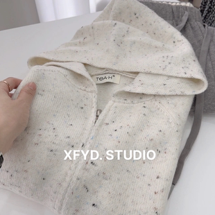 小朵家点子纱帽衫慵懒风连帽毛衣外套女秋冬高级感拉链针织开衫女