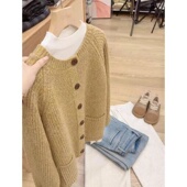 七言家黄桃慵懒风单排扣口袋毛衣开衫 外套女高级感宽松显瘦针织衫