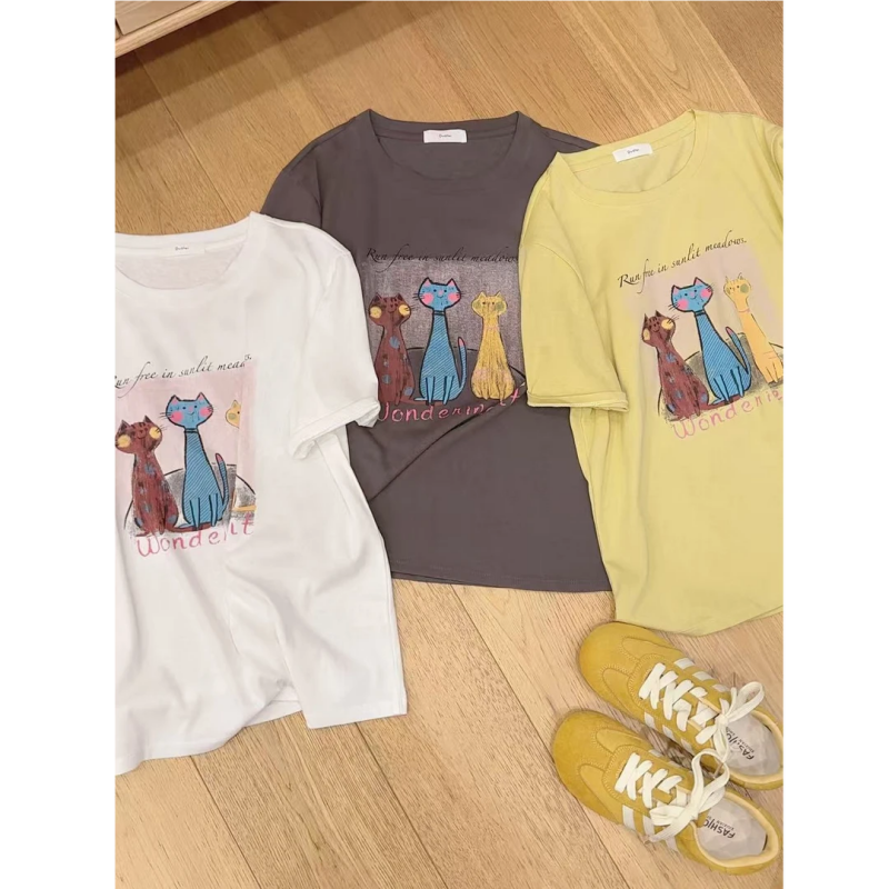 七言家卡通三只猫咪女士印花短袖T恤女减龄百搭宽松显瘦体恤衫女