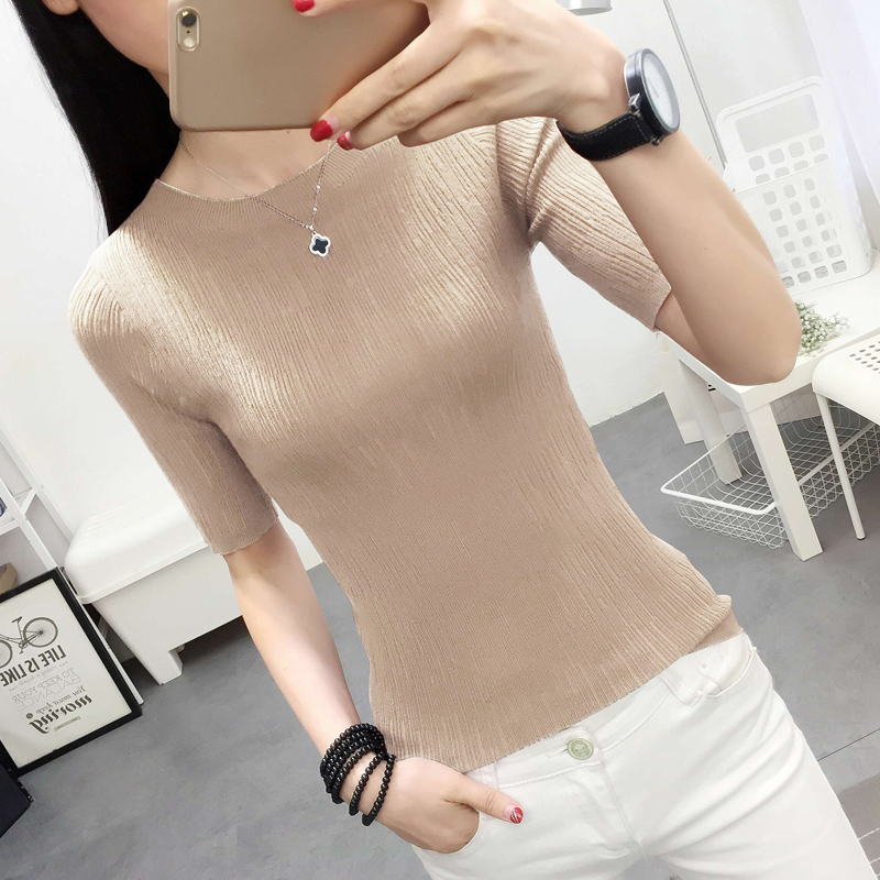 Ice silk half sleeve womens Pullover slim low neck short T-shirt thin sweater spring and summer medium sleeve top bottoming T-shirt
