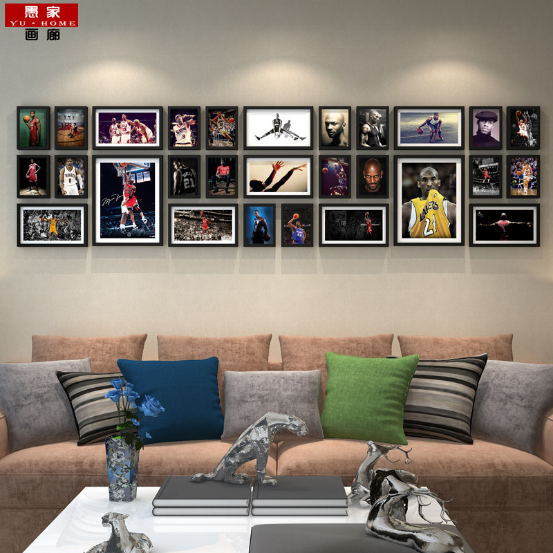 NBA篮球明星实木照片墙乔丹科比酒吧卧室俱乐部装饰相框挂墙组合