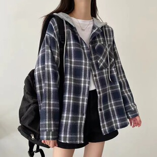 韩系高级感格子休闲连帽衬衫女2026春款穿搭衬衣宽松显瘦外套上衣
