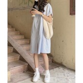 中长款 法式 裙女夏季 条纹衬衫 设计感小众宽松休闲慵懒学生上衣 短袖