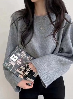 秋冬慵懒风毛衣女chic宽松小个子短款长袖上衣圆领套头蓝色针织衫