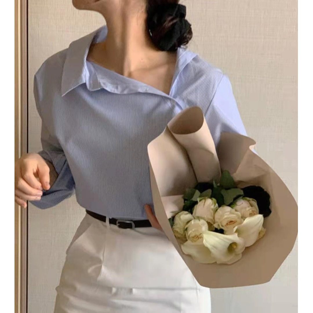韩风chic设计感小众不对称斜扣小翻领衬衫女春季减龄百搭条纹上衣