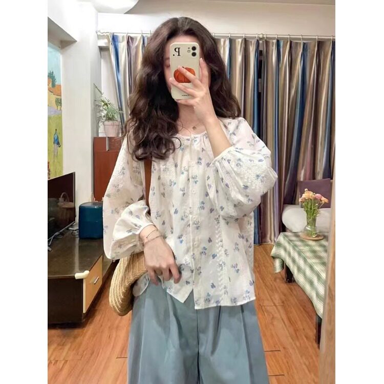 小清新碎花长袖衬衫夏季薄款防晒小个子宽松显瘦甜美感百搭雪纺衫
